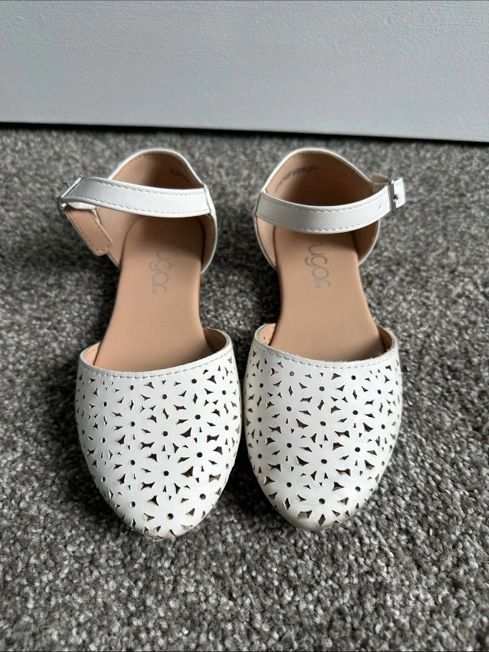 Girl's White Perforated Ankle-Strap Flats